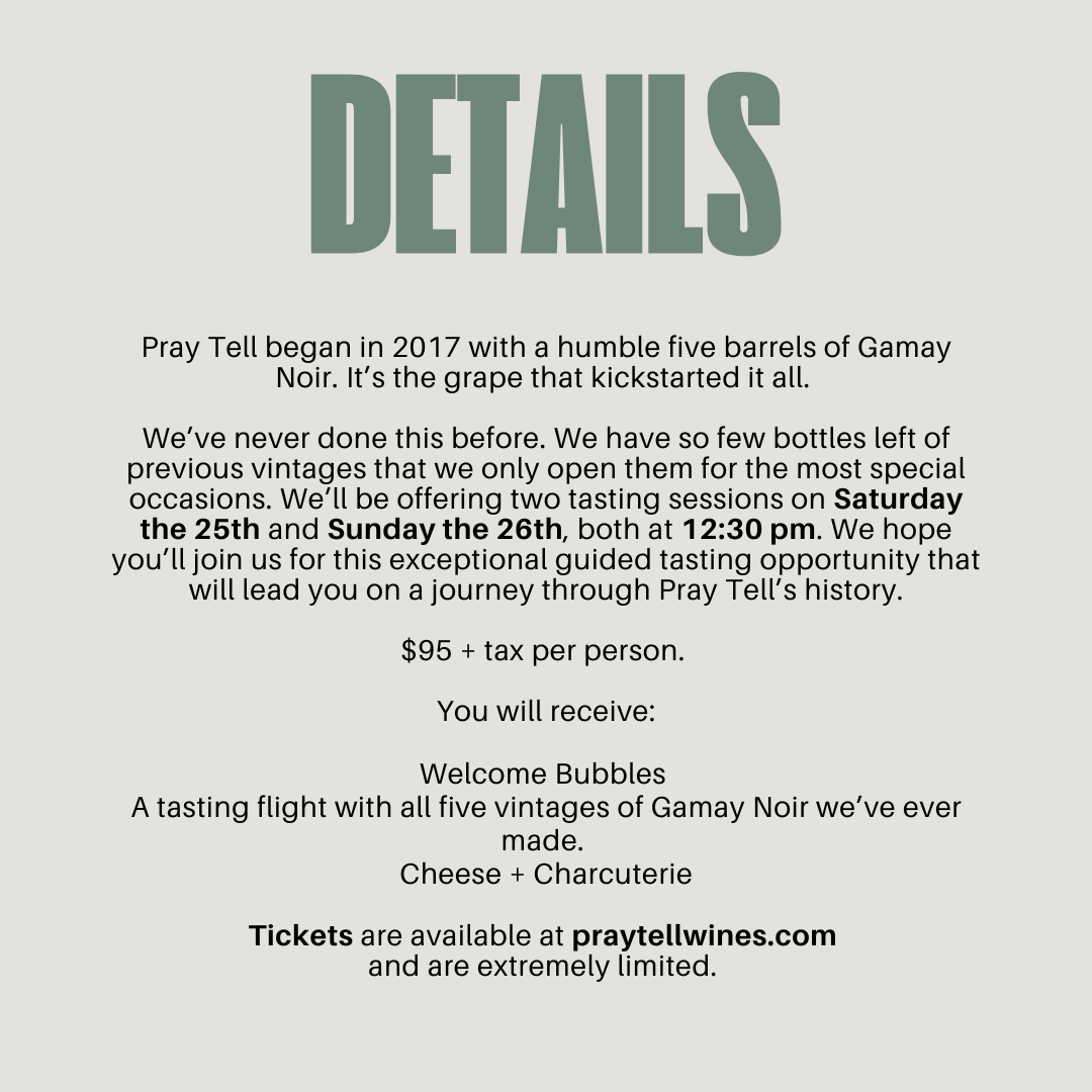 Saturday 01.25.2025: Pray Tell Five Year Gamay Noir Vertical Tasting @12:30pm